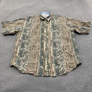 VTG Bugle Boy Company Shirt Mens XL Tribal Geometric Ramie Cotton Green Gray
